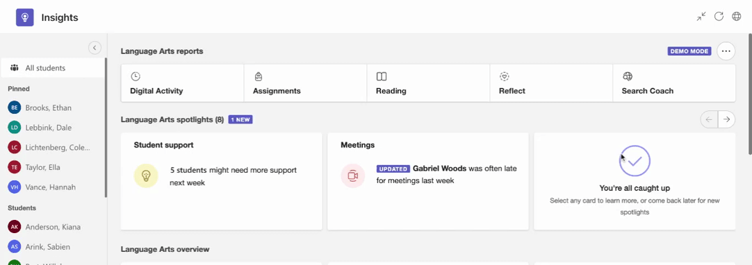 GIF. Scrolling through spotlight cards in Insights and hovering over student data.