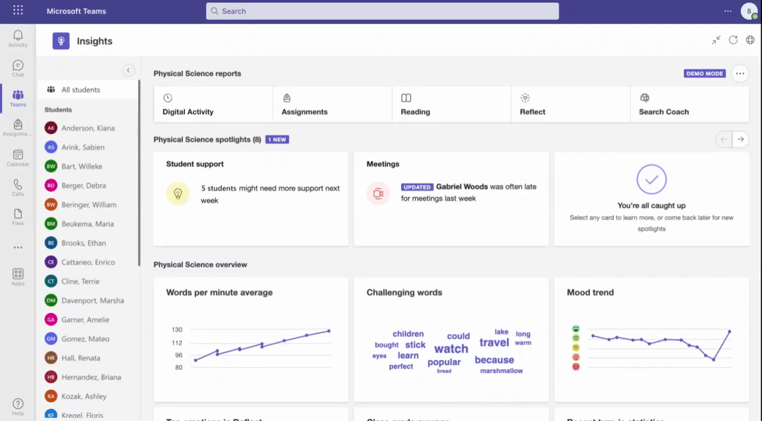 GIF. Clicking through spotlights in Insights to see student data and talking points, then pinning a student’s name to the top of the list.