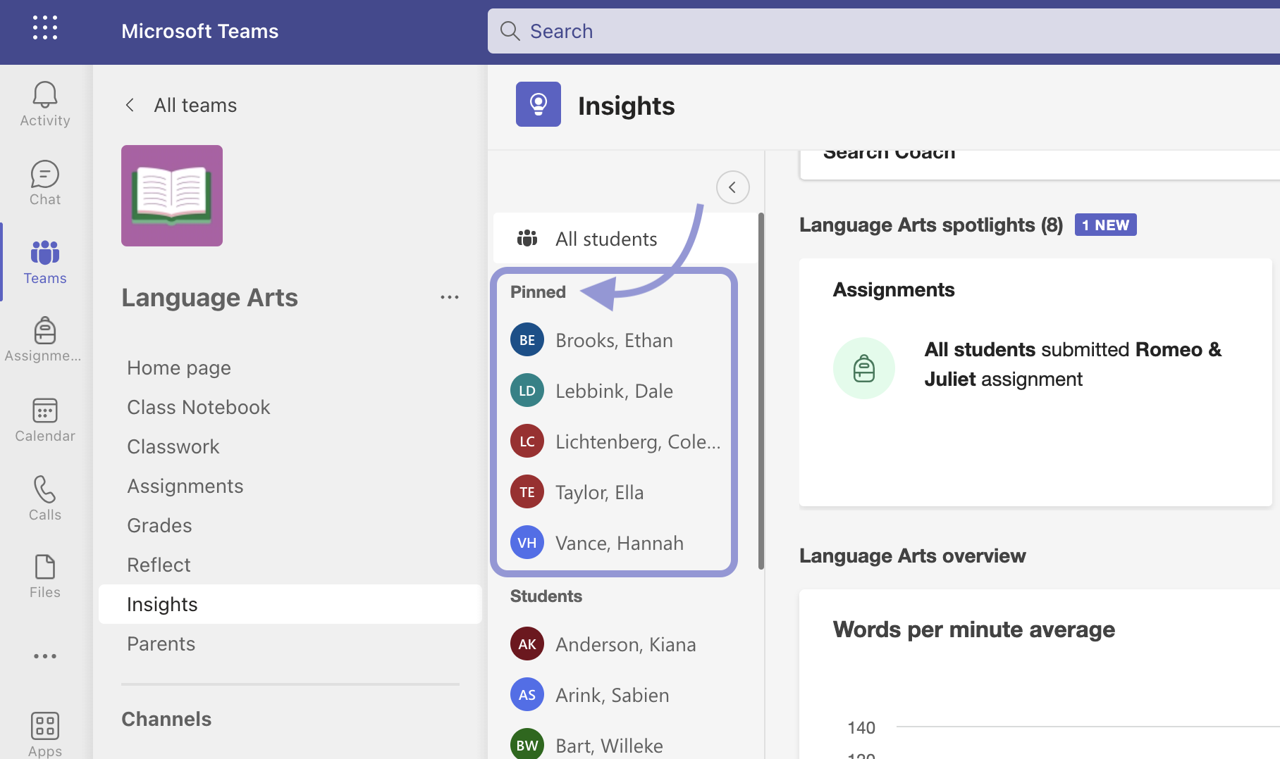 Student names pinned to the top of the student list in Insights in Teams.