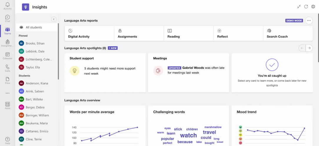 GIF. Selecting a student from the class list in Insights to access and filter individual student data, trends, and reports.