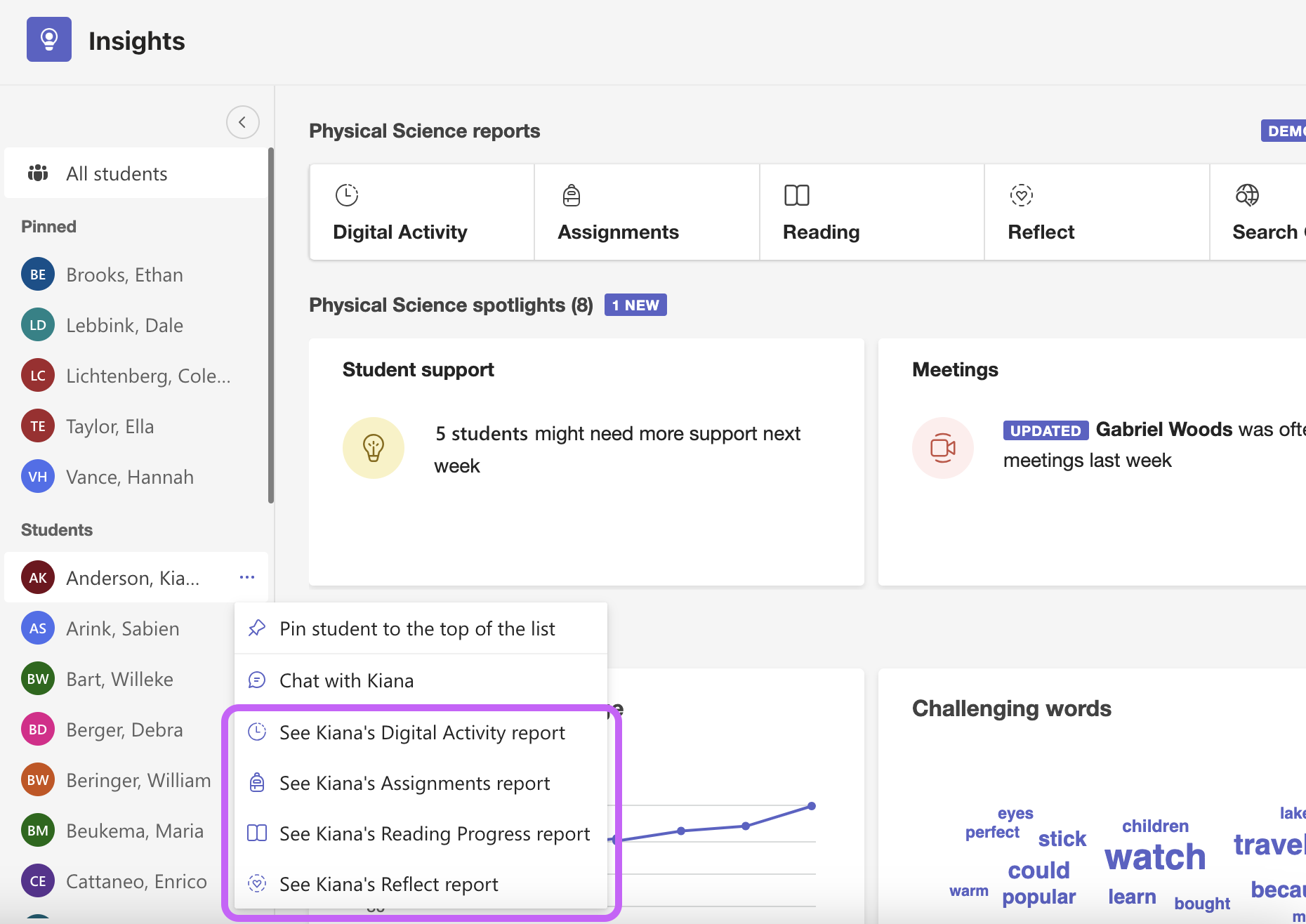 A collection of reports for an individual student in Insights, accessed by clicking on the three dots next to the student’s name.