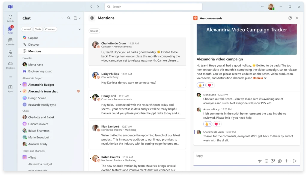 A screenshot of Teams showing the @mention view selected, displaying an interactive single list of all your @mention messages across chat, channels, and meetings, and the ability to reply directly on the side pane.