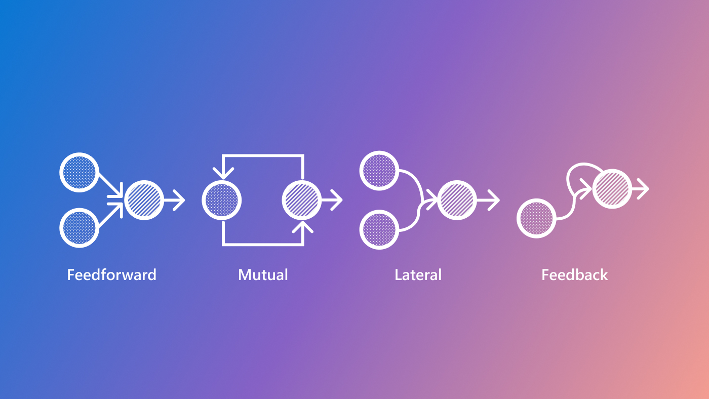 Diagram illustrating four common neural connectivity patterns in the biological neural networks: Feedforward, Mutual, Lateral, and Feedback. Each pattern consists of circles representing neurons and arrows representing synapses. 