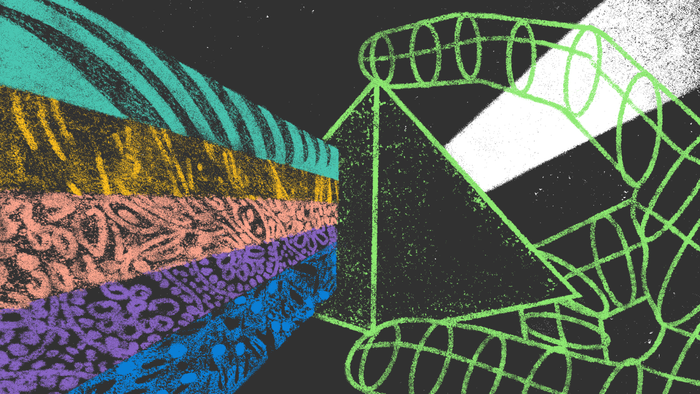 A stylized illustration of a green line-drawn hand holding a transparent prism with colorful bands of light being refracted through it against a black background.