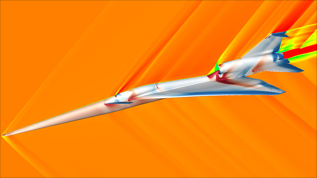 The image shows a moment from a computational fluid dynamics simulation of the X-59 aircraft concept during supersonic flight.