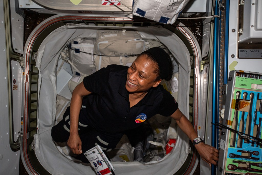 iss070e113015 (March 10, 2024) -- NASA astronaut and Expedition 70 Flight Engineer Jeanette Epps is pictured floating in microgravity aboard the International Space Station.