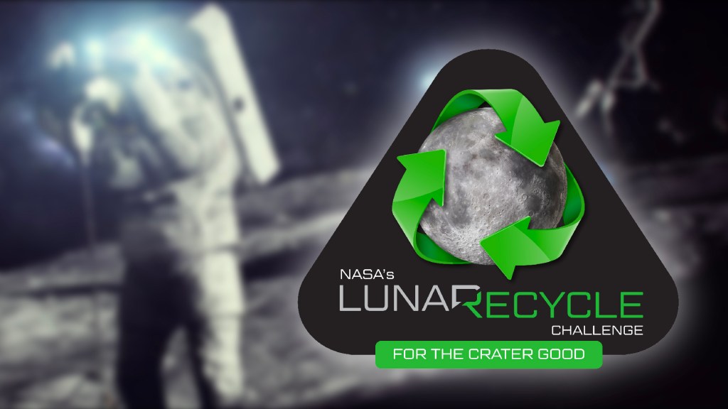 An astronaut on the moon is blurry in the background with the LunaRecycle Logo in focus in the foreground.