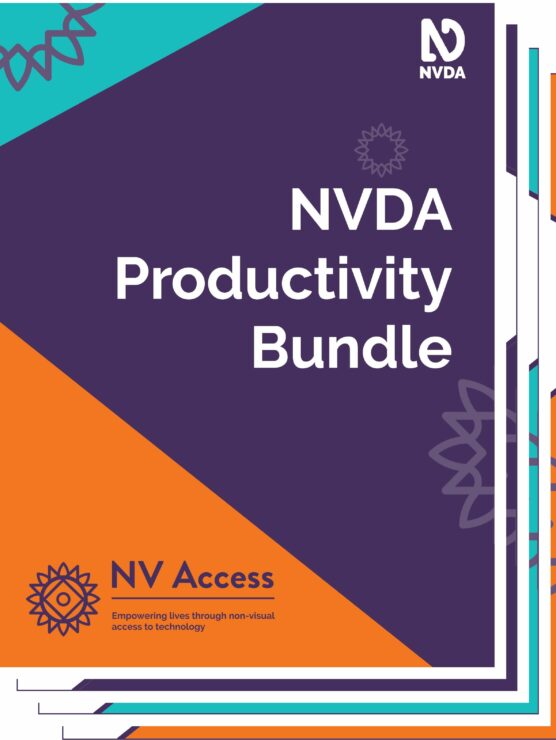 Cover image for product, which is purple with turquoise triangle top-left and orange triangle bottom-left, between them covering about a quarter of the cover. Title 'NVDA Productivity Bundle' in white on purple. NVDA logo top-right in white, NV Access logo lower-left in purple on orange. Sunburst designs around cover in lighter purple. Cover appears to be stacked on top of other product covers. Full description of NVDA and NV Access logos available on 'About NVDA' and 'About NV Access' pages on nvaccess.com