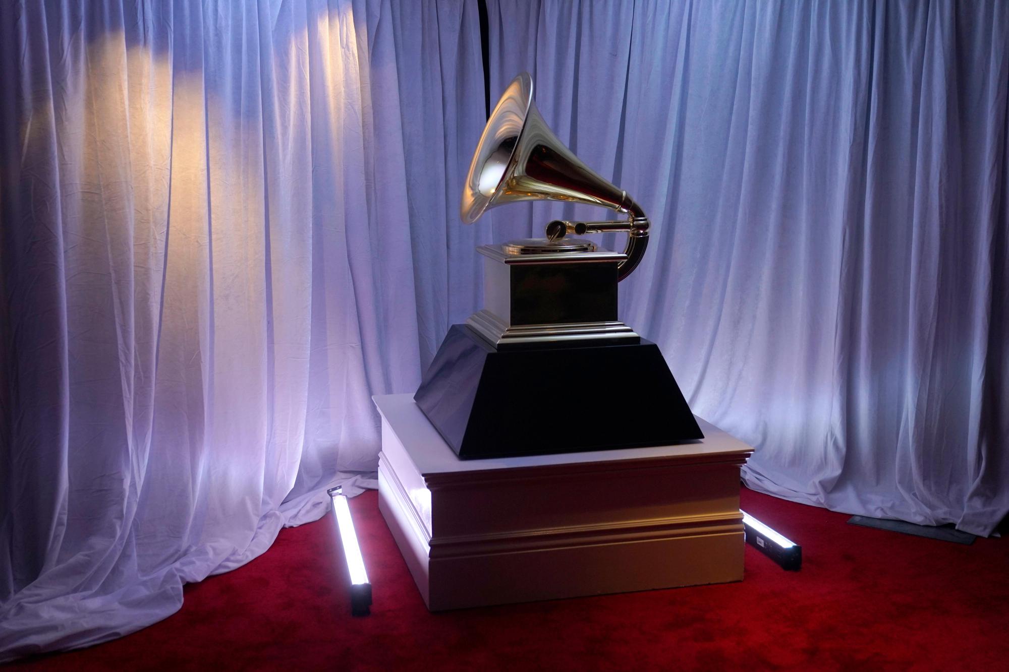 FILE - A view of a Grammy statue appears in the press room at the 65th annual Grammy Awards on Sunday, Feb. 5, 2023, in Los Angeles. (AP Photo/Jae C. Hong, File)