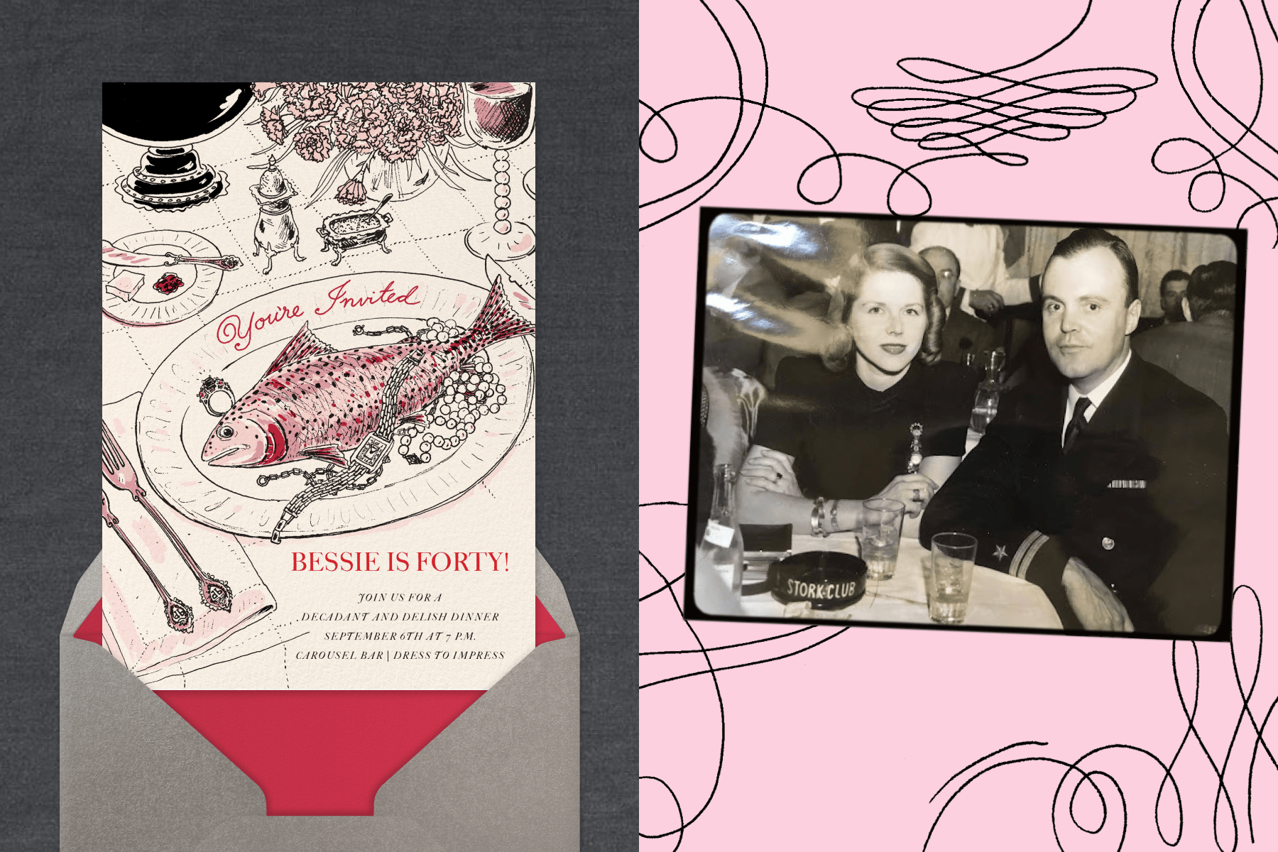 Left: A fanciful birthday invitation showing off a decadent tablescape adorned with jewelry; Right: A photo of Joana Avillez’s grandparents at dinner framed by a pink and black border. 