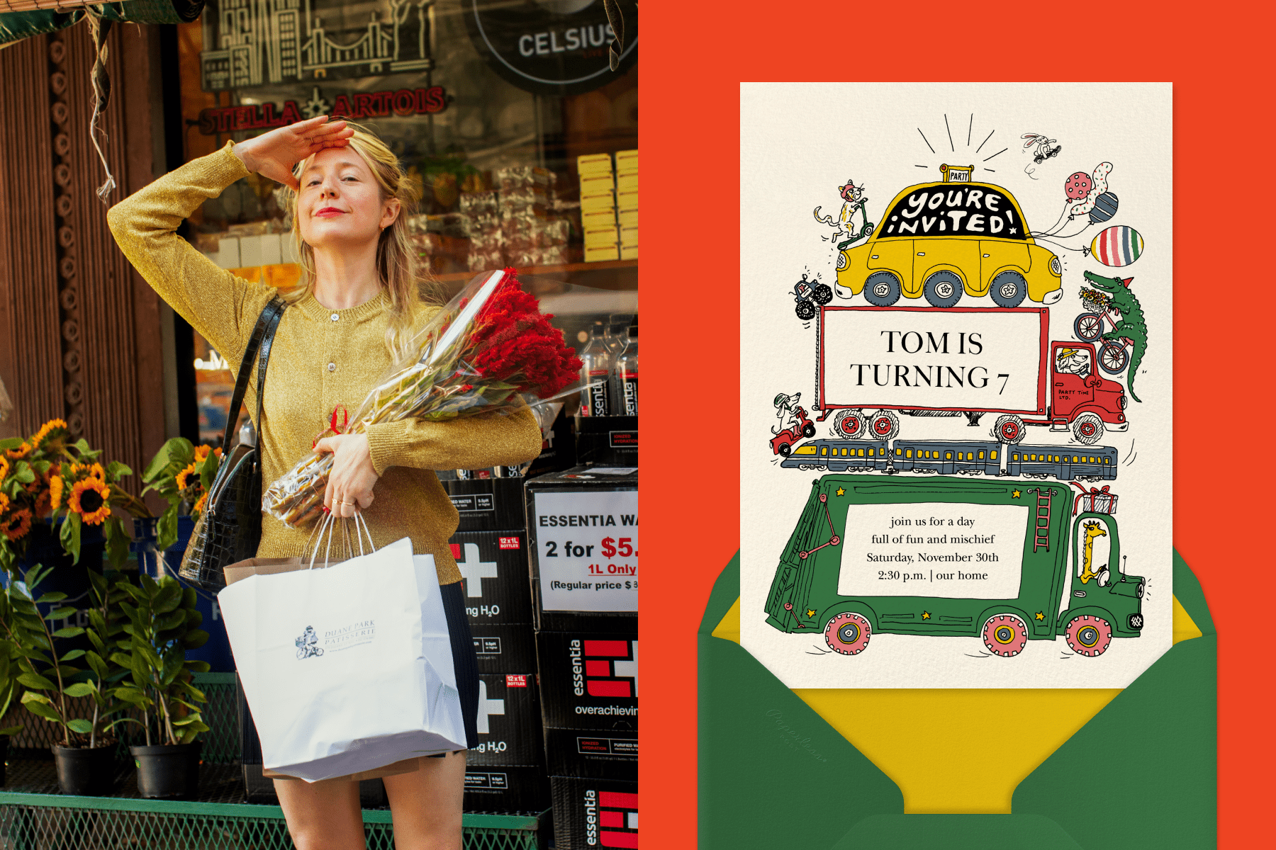 Left: Joana Avillez standing in front of a shop holding flowers and a shopping bag in a playful stance; Right: A birthday illustration featuring toy vehicles. 