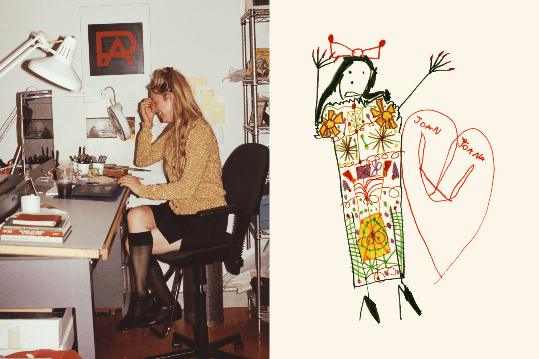 Left: Joana Avillez laughing as she sits at her office computer; Right: A drawing of a girl in heels with a patterned dress. 