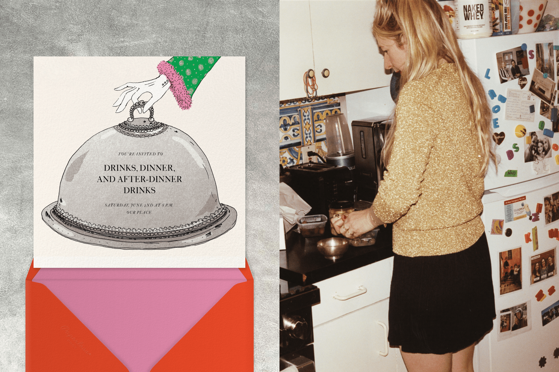 Left: An invitation reads ‘Drinks, Dinner, and After-Dinner Drinks,’ displayed on a cloche; Right: A candid scene of Joana Avillez in the kitchen.