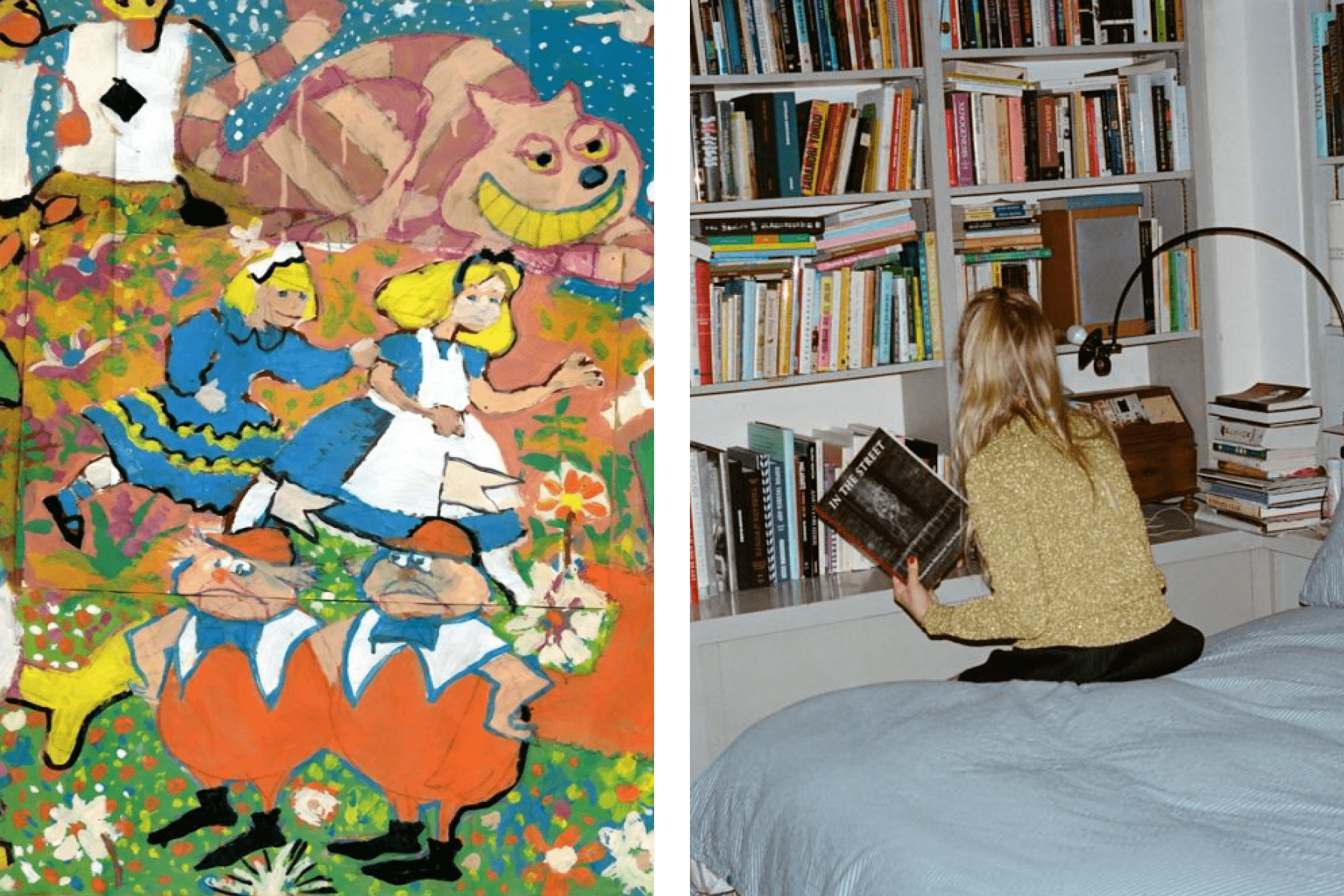 Left: A mural of Joana Avillez running with characters from ‘Alice in Wonderland;’ Right: Joana Avillez looking at books on her bookshelf. 