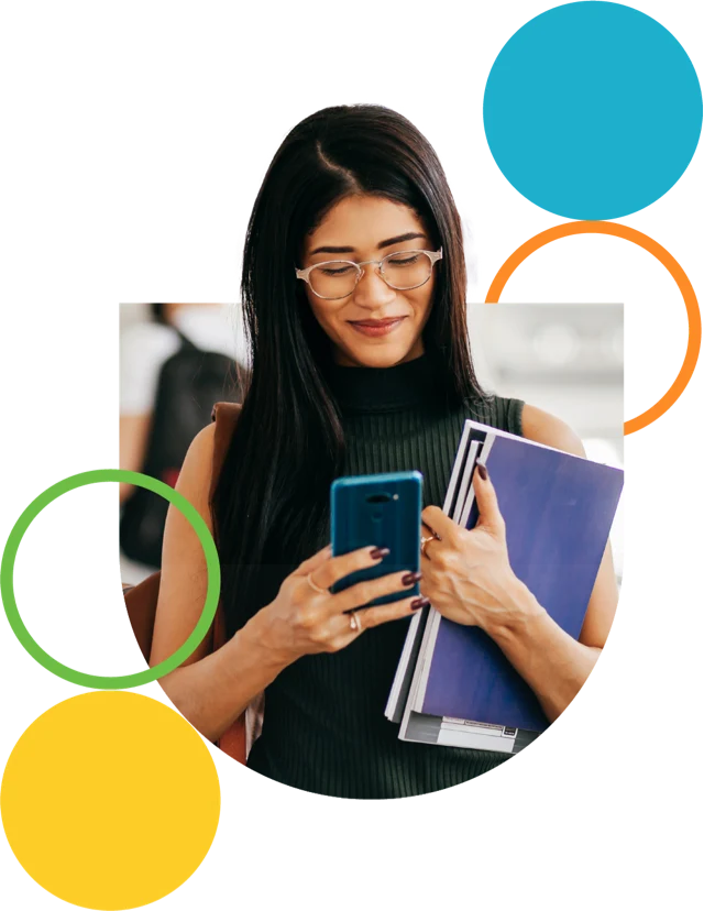 student reviewing transcript on mobile phone