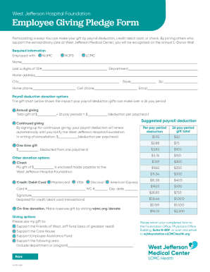 West Jefferson Hospital Foundation Employee Giving Pledge Form