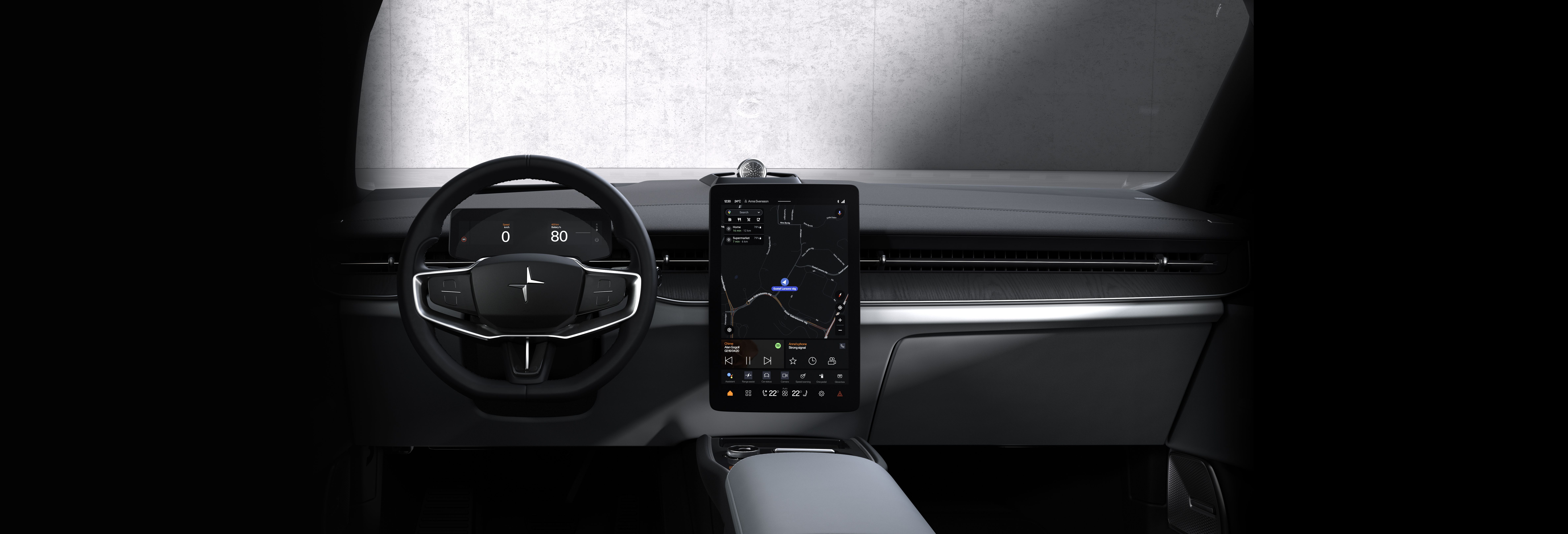 Polestar 3 drivers area and HMI in illuminated mode