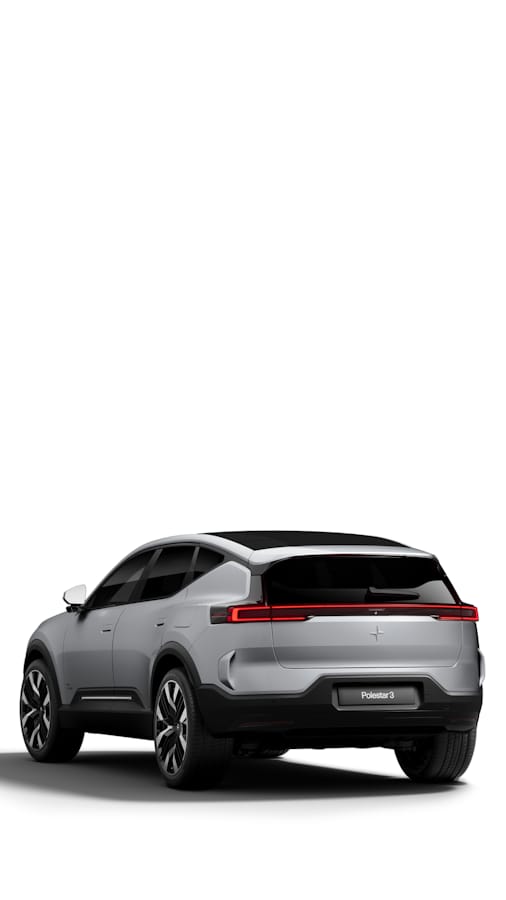 Front view of light grey Polestar 3 SUV against white backdrop