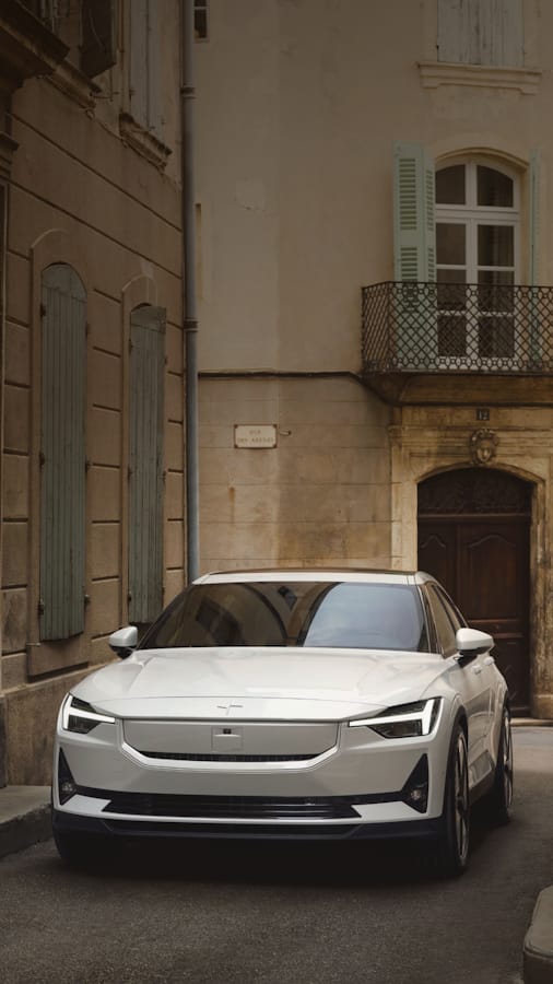 Front view of white Polestar 2 in Provence city surrondings