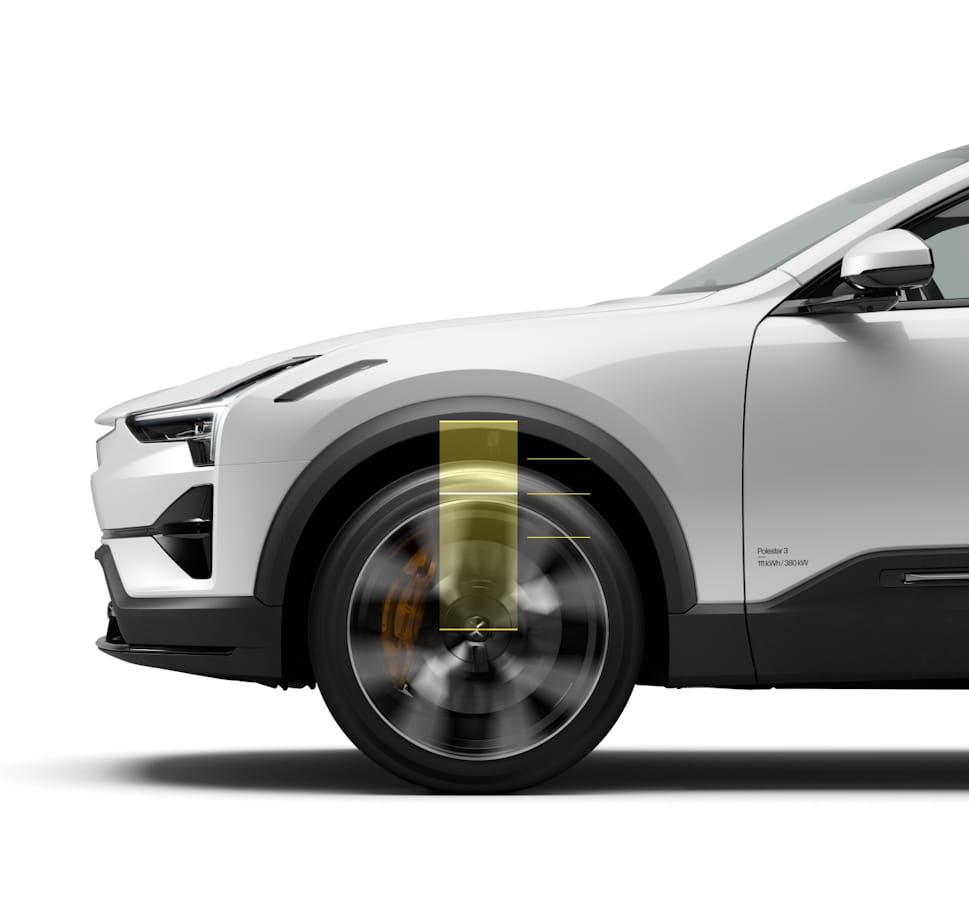 On a white background, an enhanced view of the wheel and suspension show the air suspension, with height adjusting.