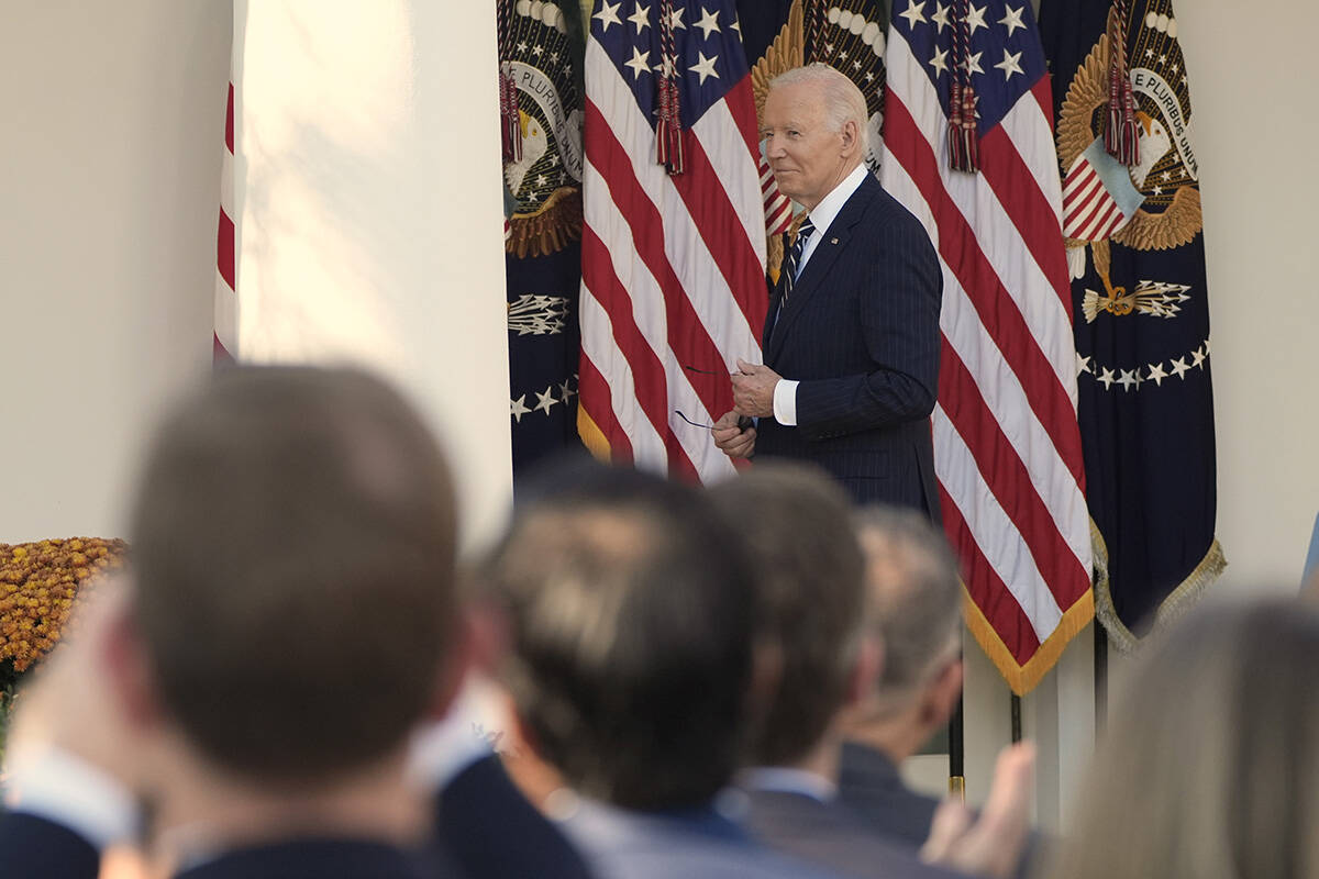 President Joe Biden departs after speaking in the Rose Garden of the White House in Washington, ...