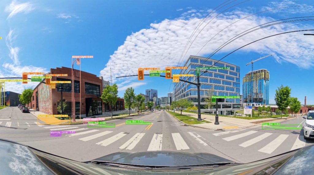 Screenshot showing road, buildings, traffic signs, crosswalk, etc. with AI predictions.