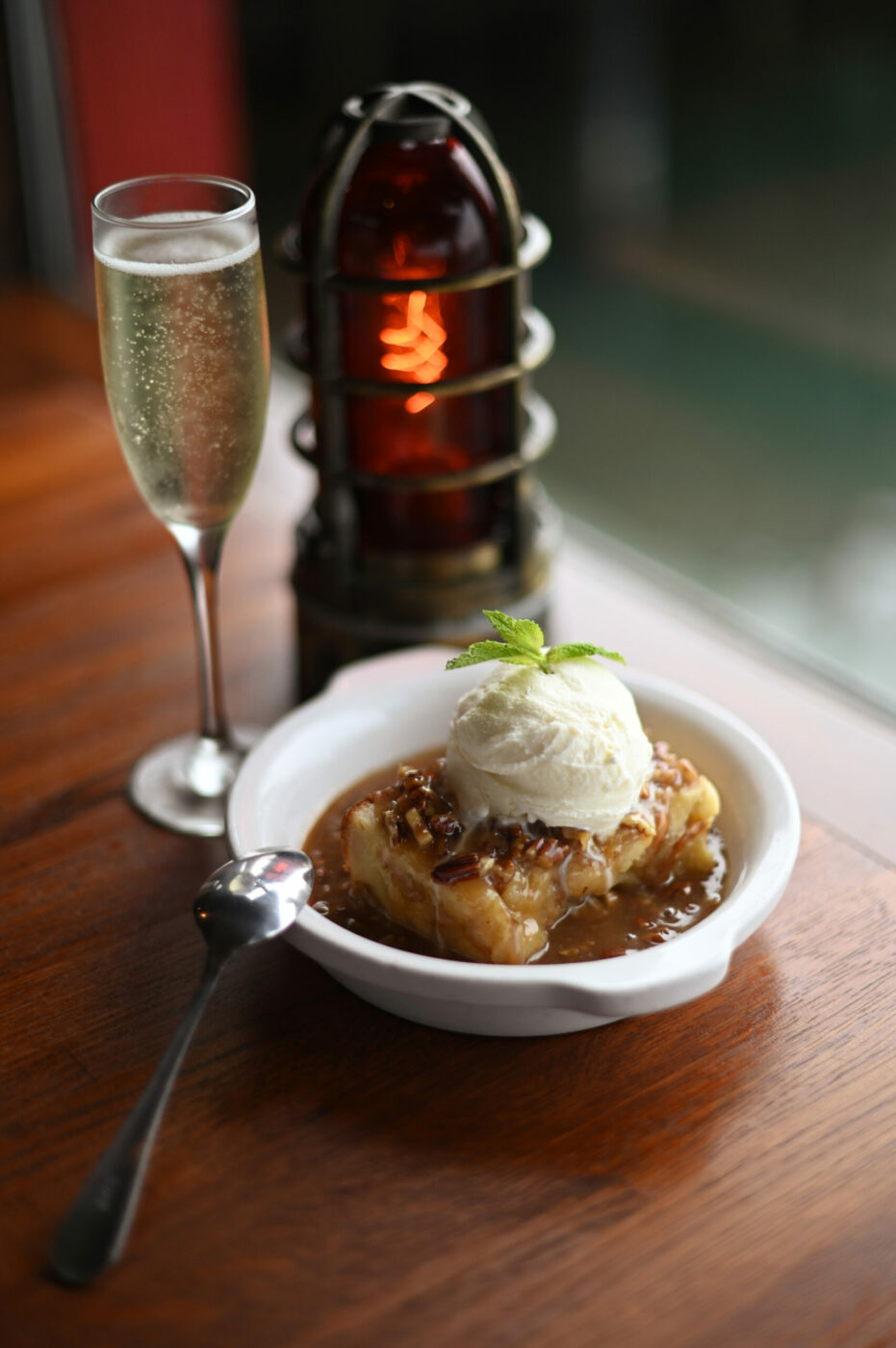 Sticky praline bread pudding with organic Humboldt vanilla ice cream at Rocker Oysterfeller’s at Lucas Wharf in Bodega Bay on Friday, Aug. 23, 2024. (Erik Castro / For The Press Democrat)