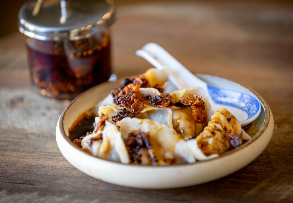 Zhong Dumplings with BaSo homemade chili crisp and sweet pork dumplings from Bazaar Sonoma, BaSo | Restaurant & Konbini Oct. 17, 2024 in Forestville. (John Burgess / The Press Democrat)