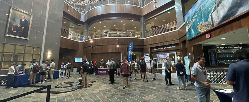 People in the atrium of Shelby Hall