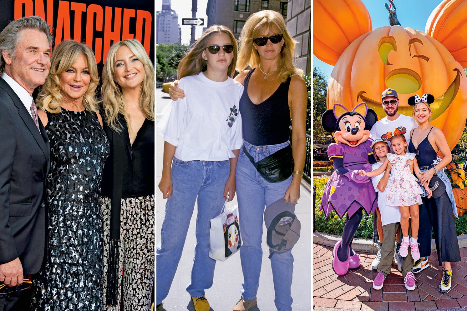 From left: Kate Hudson, right, with her mum, Goldie Hawn, and stepdad, Kurt Russell; Hudson, then 13, and her mum, in 1992; at Disneyland with her son Bing, her daughter, Rani Rose, and her fiancé, Danny Fujikawa