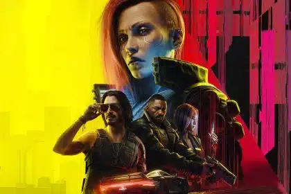 Cyberpunk 2077 characters on a yellow and red background.