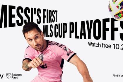 Lionel Messi in his pink Inter Miami CF jersey, promoting the MLS Cup Playoffs.