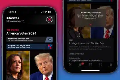 Apple News displaying live election tracking on iPhone screens.