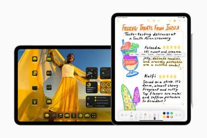 iPadOS interface showing notes and photos on iPad screen.