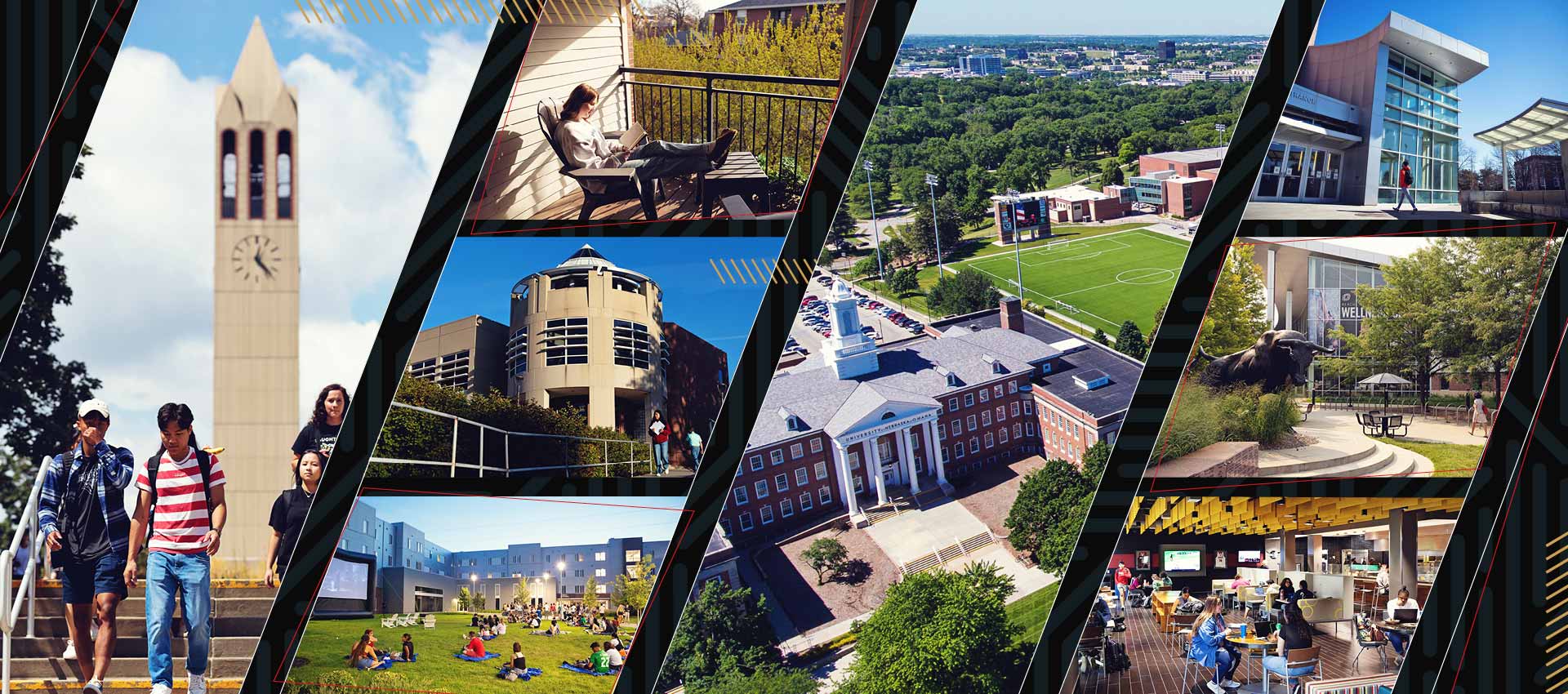 Collage of students walking on campus and campus buildings.