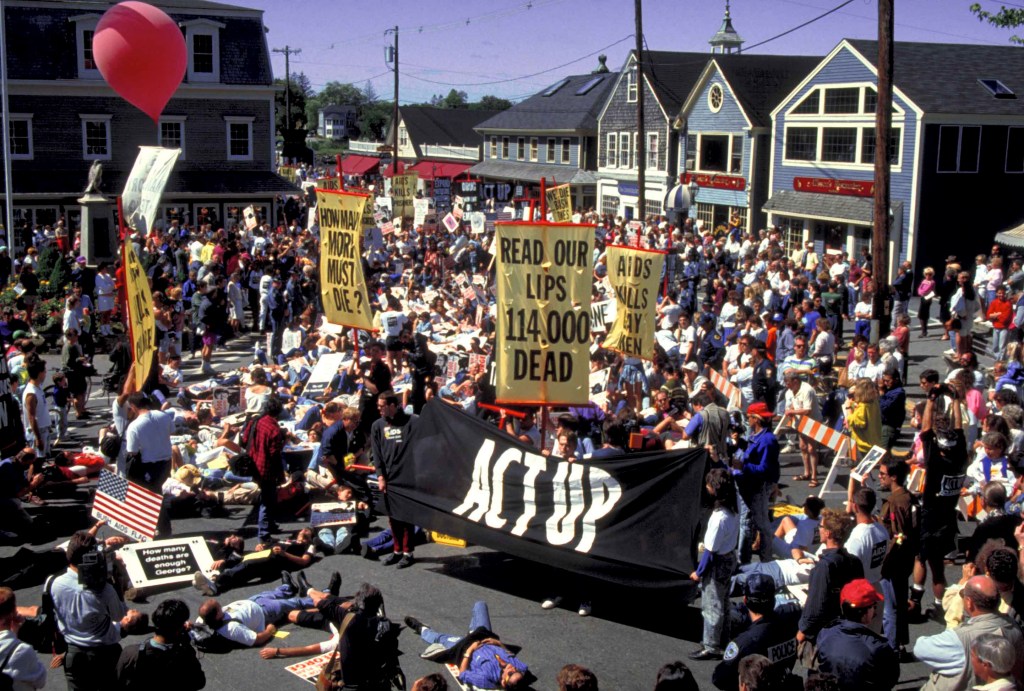 (Some 1500) gay advocates protesting Pres. Bush's AIDS policy in ACT UP demo, replete w. signs, in Bush vacation town, Kennebunkport, ME. (Photo by Dirck Halstead/The LIFE Images Collection via Getty Images/Getty Images)