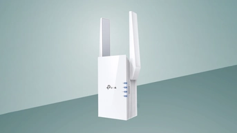 A white TP-Link RE605X AX1800 Wi-Fi 6 Range Extender with two antenna sticking up. 