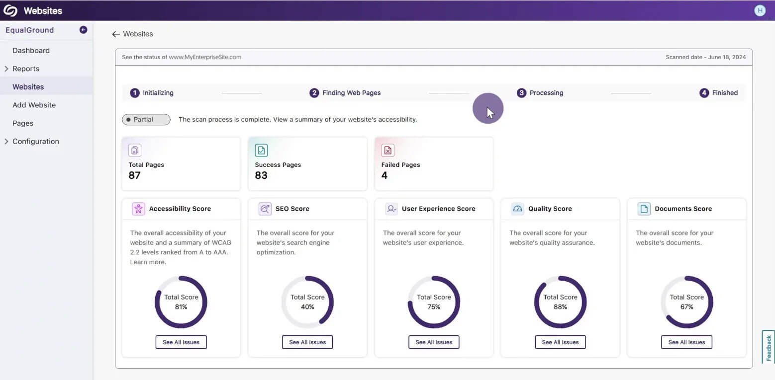 EqualGround Accessibility Governance Platform screenshot.